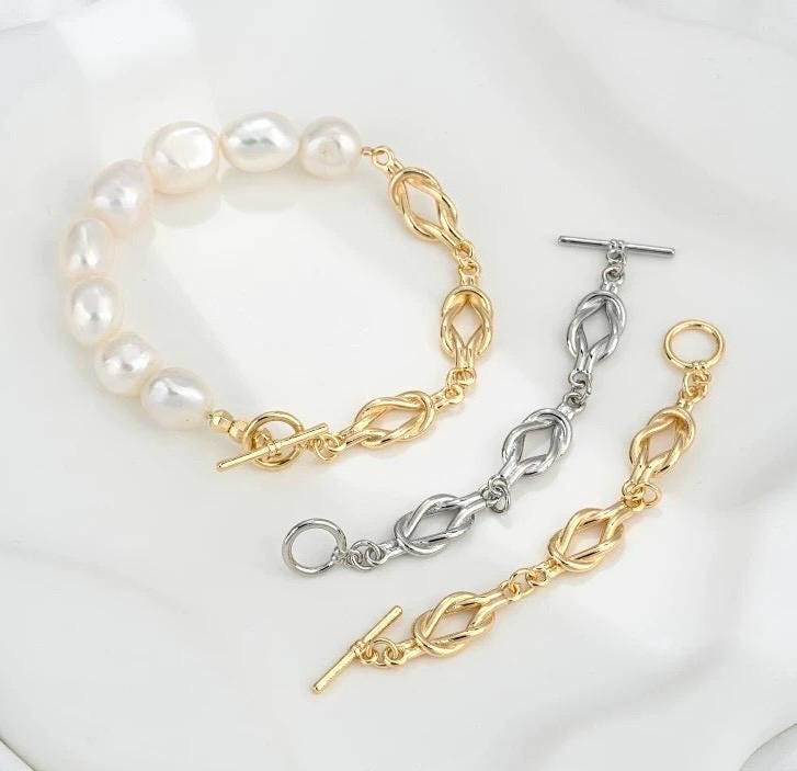 14k Gold plated pearl Bracelet set, baroque pearl gold bracelet chain knot, flexible beading bracelet connection with clasp #FDC021 NEW