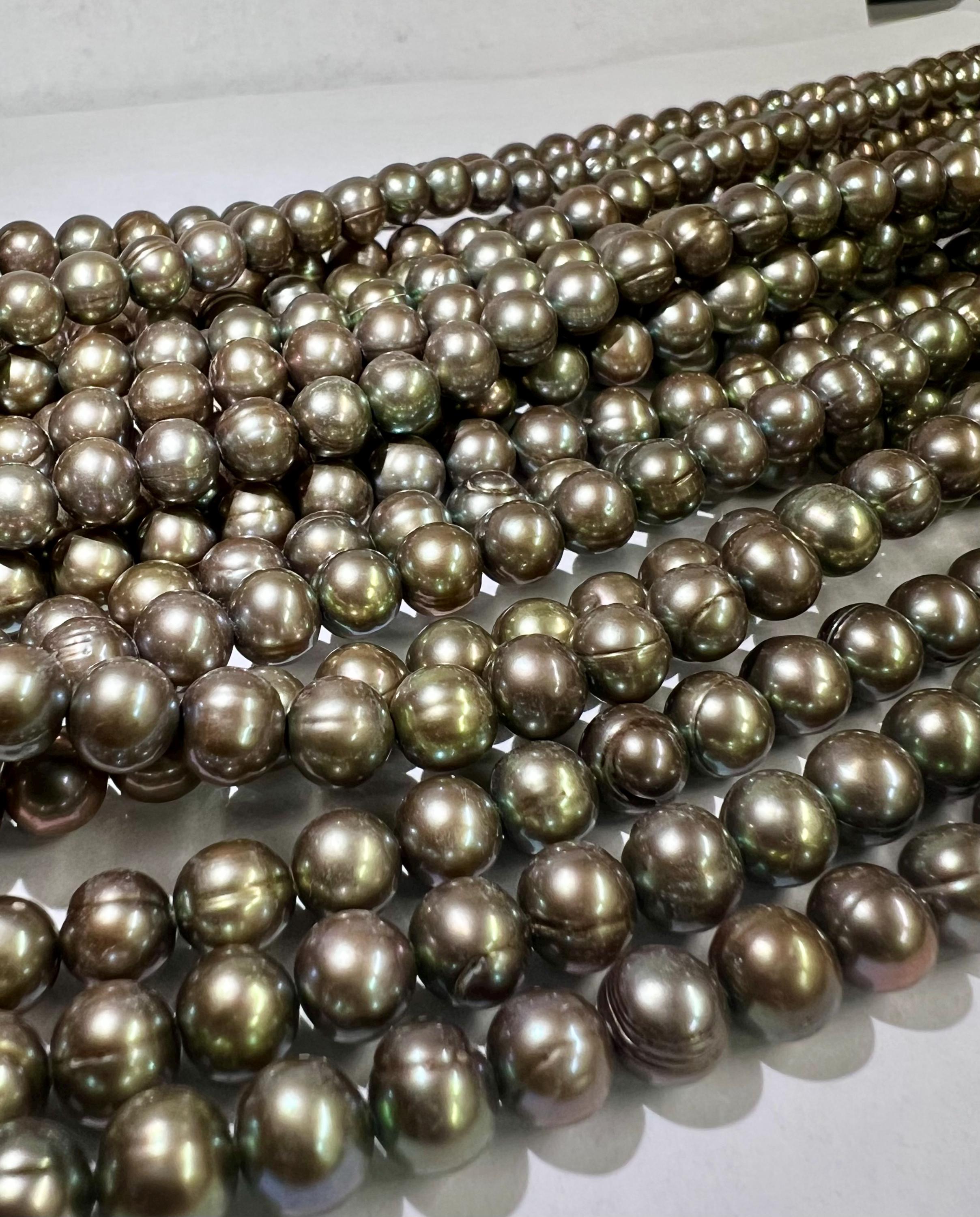 7mm round Metalic olive green Freshwater Pearl round potato pearl Vintage Sea water Green pearl 15" Strand 55+pc loose pearl beads #RS2051A