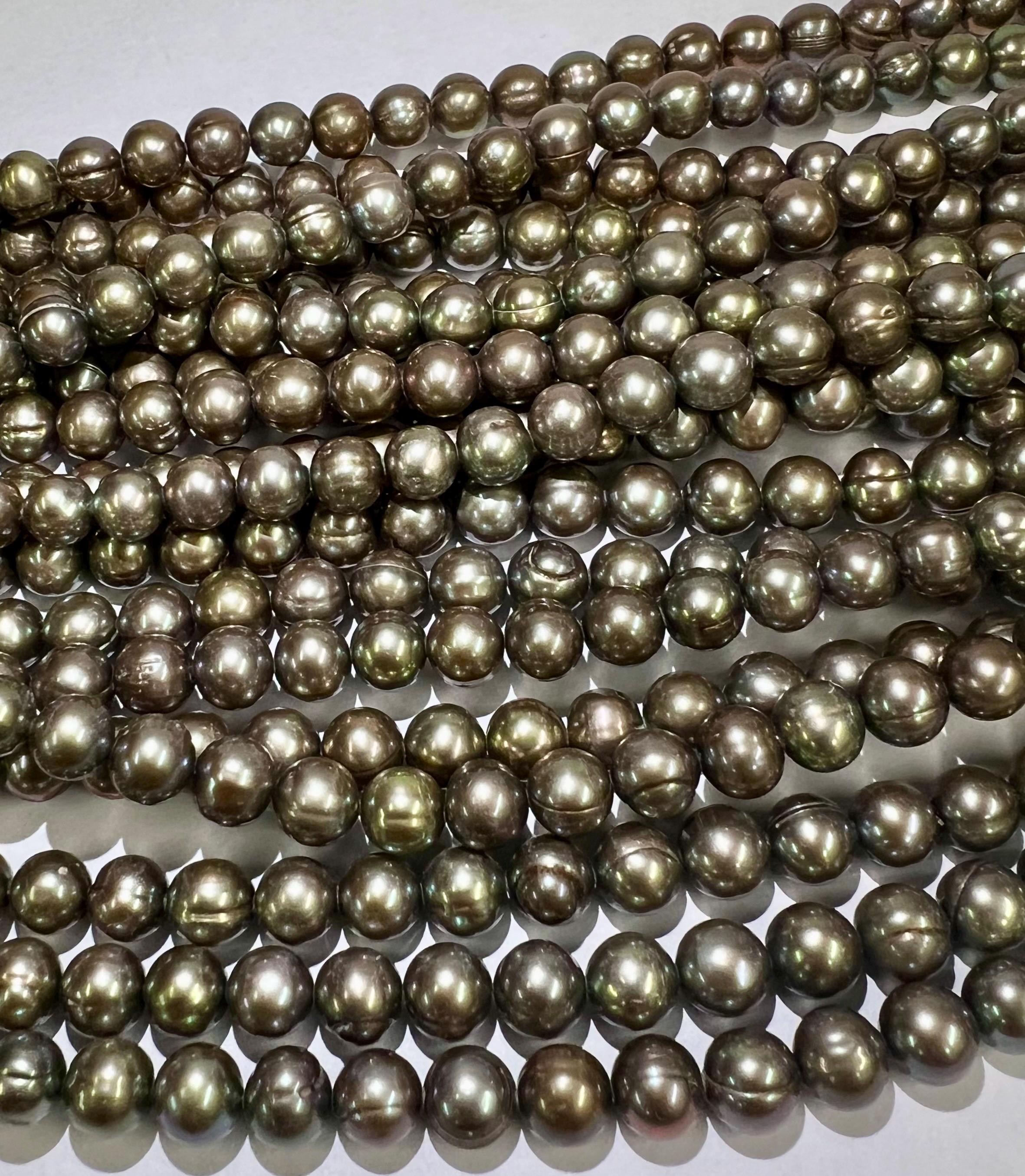 7mm round Metalic olive green Freshwater Pearl round potato pearl Vintage Sea water Green pearl 15" Strand 55+pc loose pearl beads #RS2051A