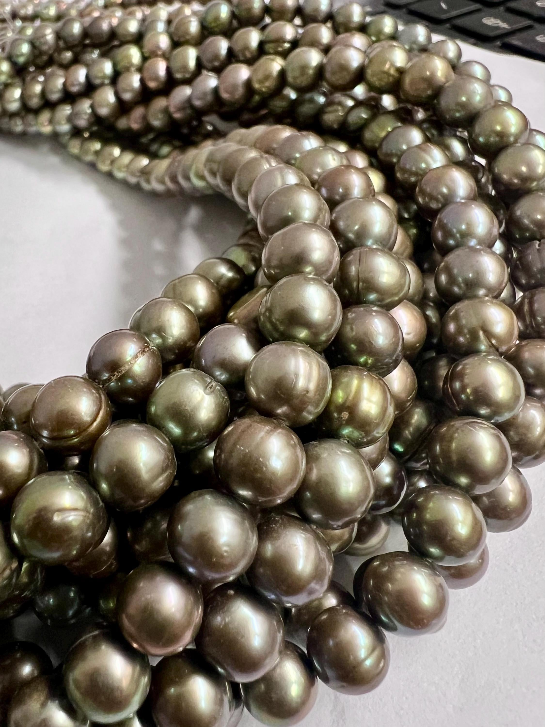 7mm round Metalic olive green Freshwater Pearl round potato pearl Vintage Sea water Green pearl 15" Strand 55+pc loose pearl beads #RS2051A