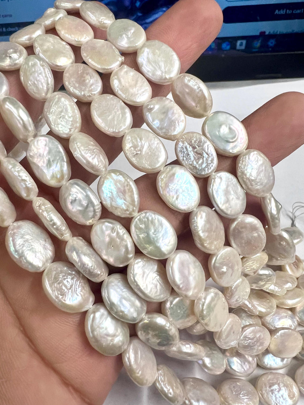 10-11mmX13-15mm oval Coin pearl 7.5" half strand AA quality Luster Ivory White Genuine Freshwater Coin Pearl 15Pc NEW decent quality KC3045