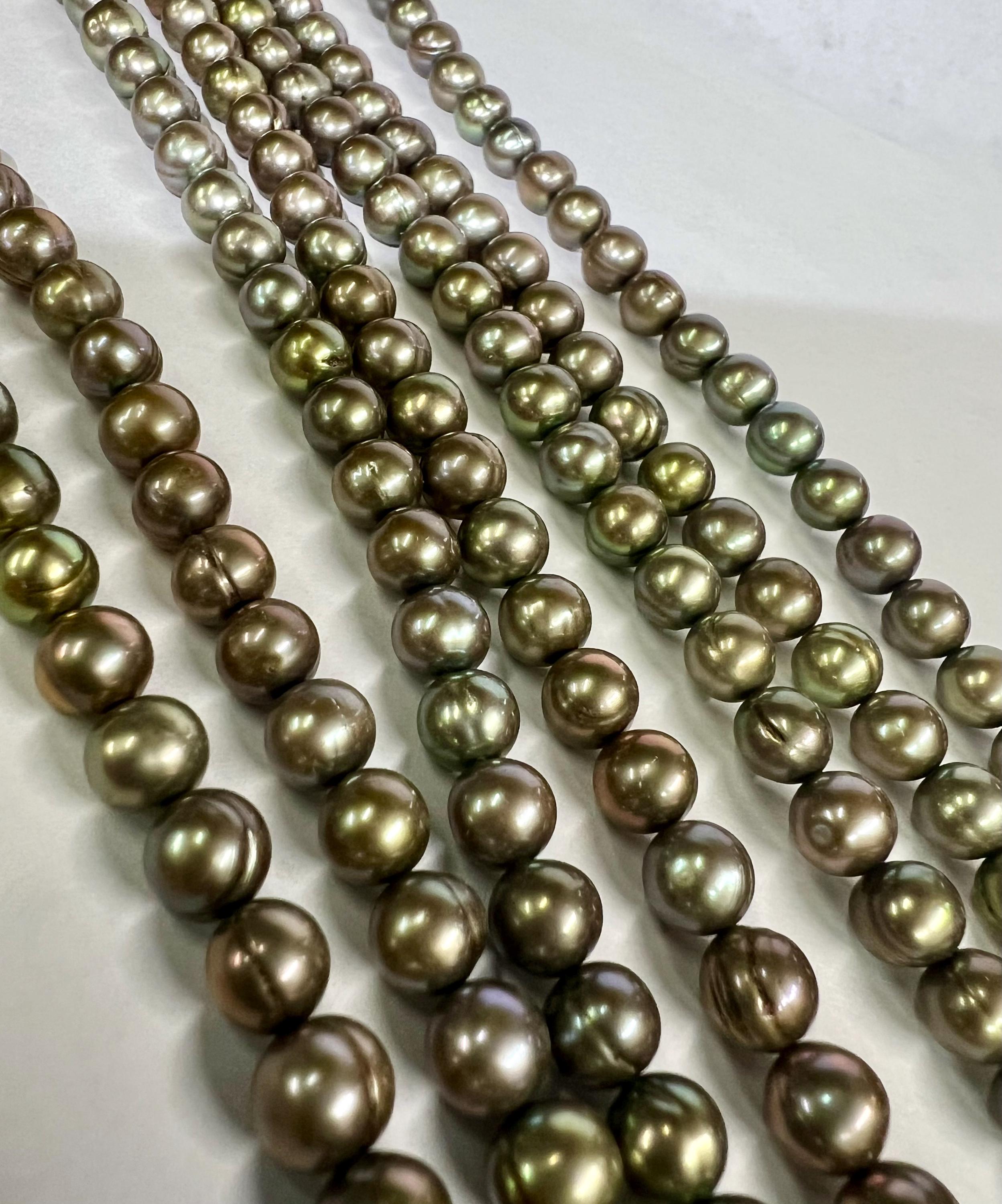 7mm round Metalic olive green Freshwater Pearl round potato pearl Vintage Sea water Green pearl 15" Strand 55+pc loose pearl beads #RS2051A