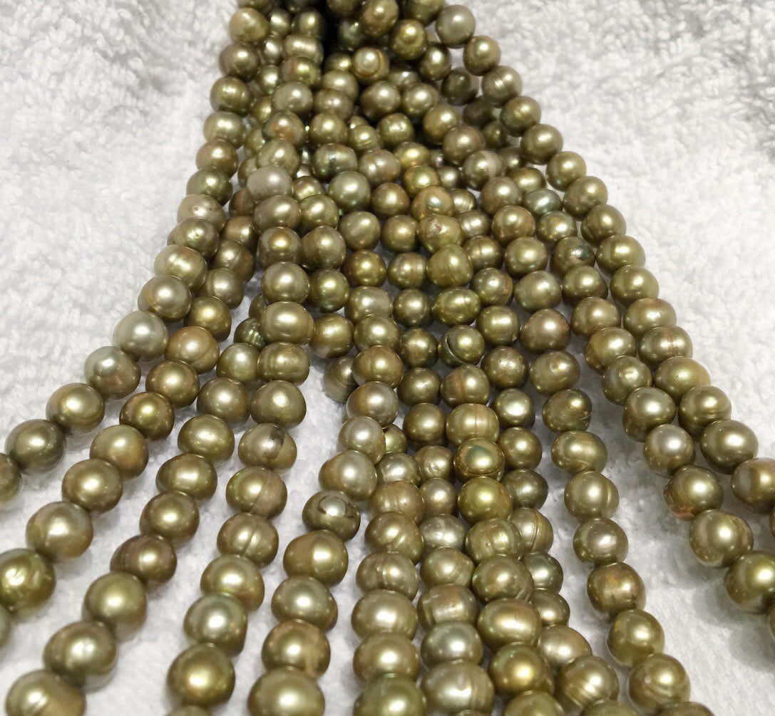 7-8mm round Freshwater Pearl round potato pearl Vintage Olive Green Mint pearl----Full Strand 15" 55pc  #RS2051