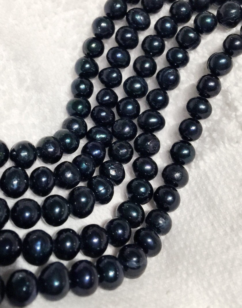 AA+ 7-8mm 15" Full Strand Freshwater Pearl, round potato Midnight Navy Blue pearl 55pc beads  #RS2052