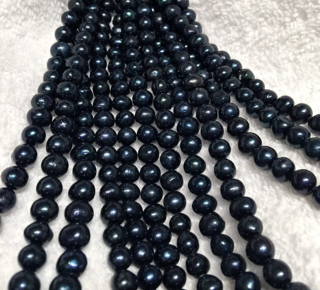 AA+ 7-8mm 15" Full Strand Freshwater Pearl, round potato Midnight Navy Blue pearl 55pc beads  #RS2052