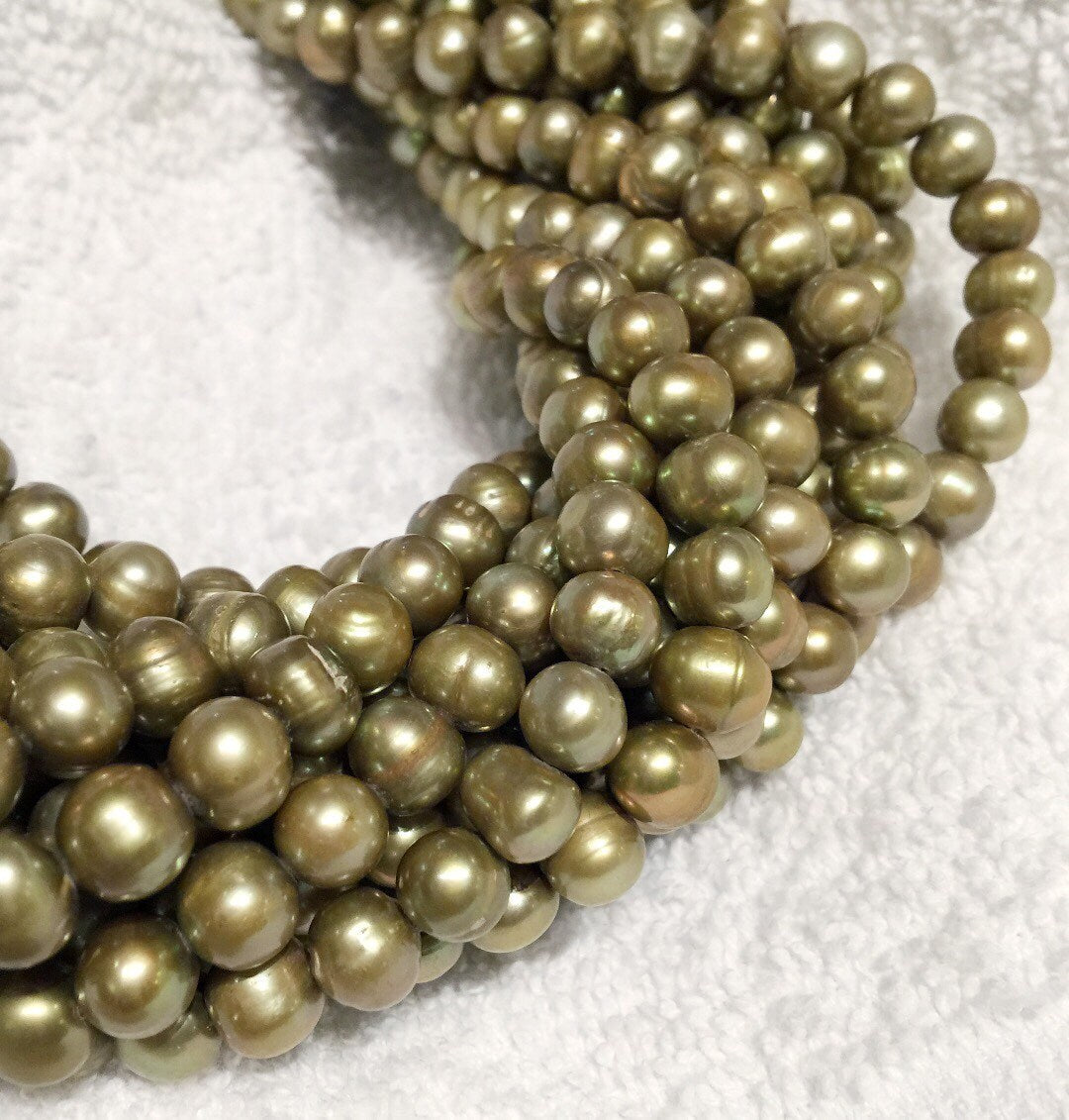 7-8mm round Freshwater Pearl round potato pearl Vintage Olive Green Mint pearl----Full Strand 15" 55pc  #RS2051
