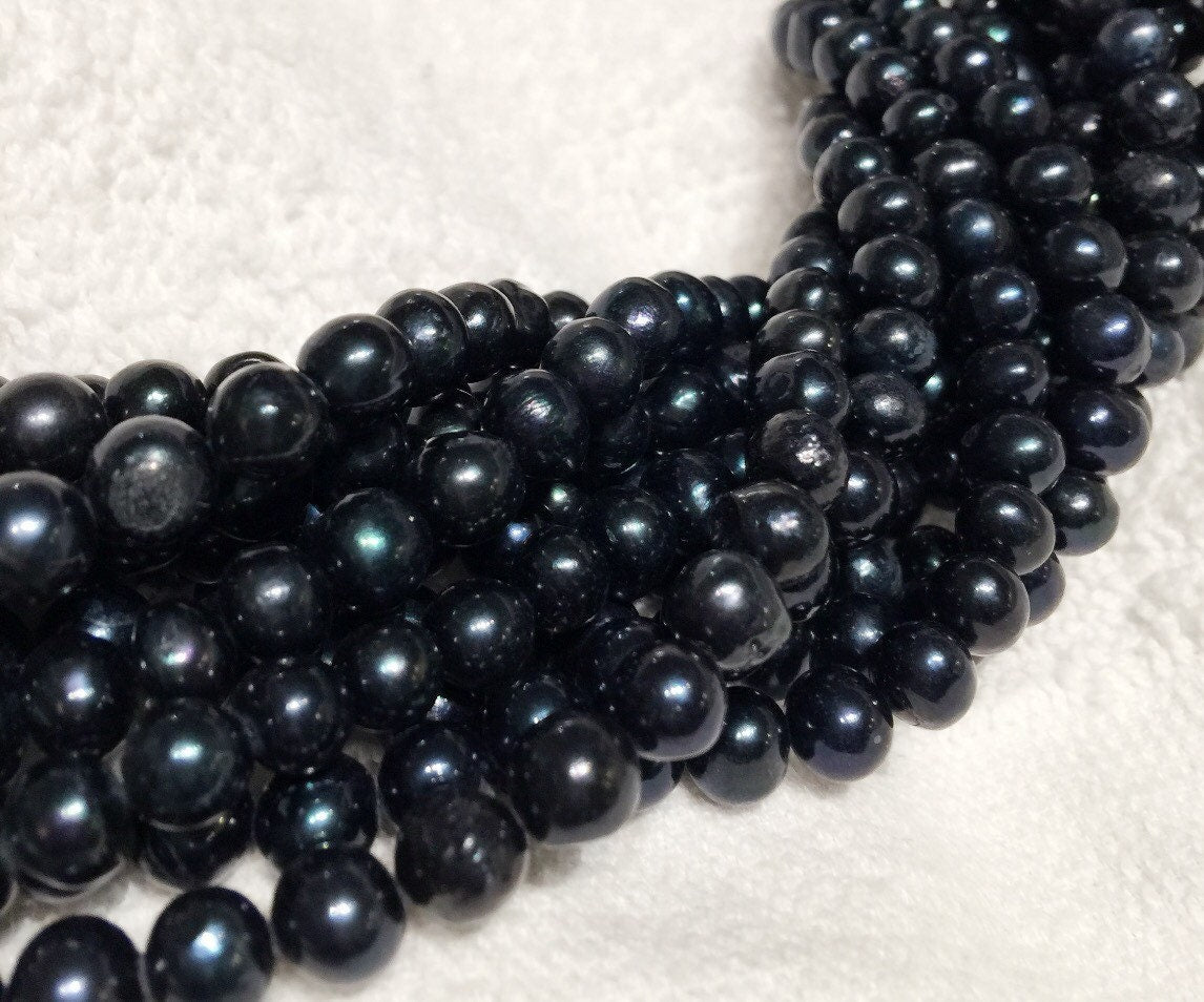 AA+ 7-8mm 15" Full Strand Freshwater Pearl, round potato Midnight Navy Blue pearl 55pc beads  #RS2052