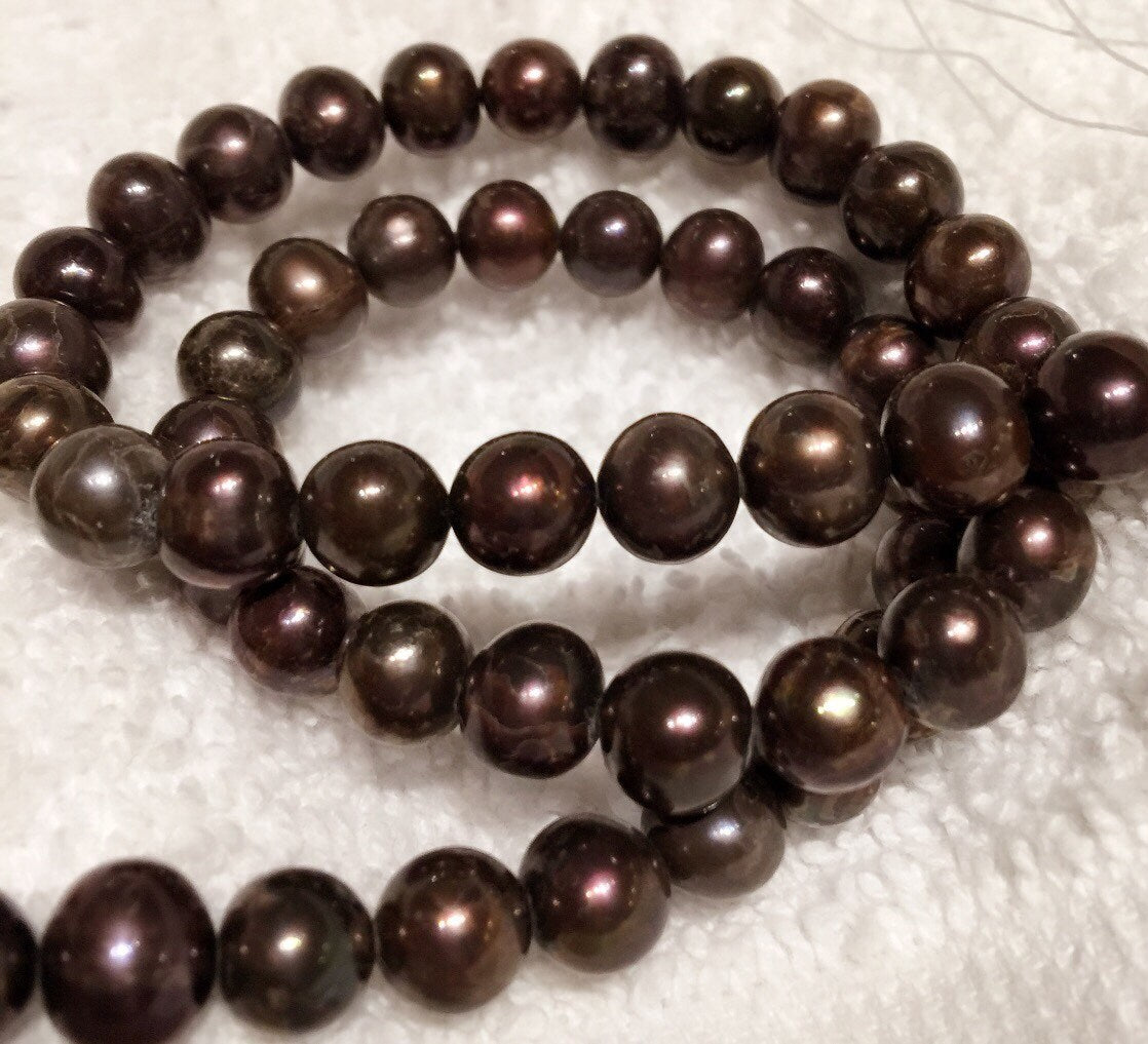 Freshwater Pearl round potato pearl Black Brown pearl--A-AA 7-8mm Full Strand 15" 50pc  #RS2055