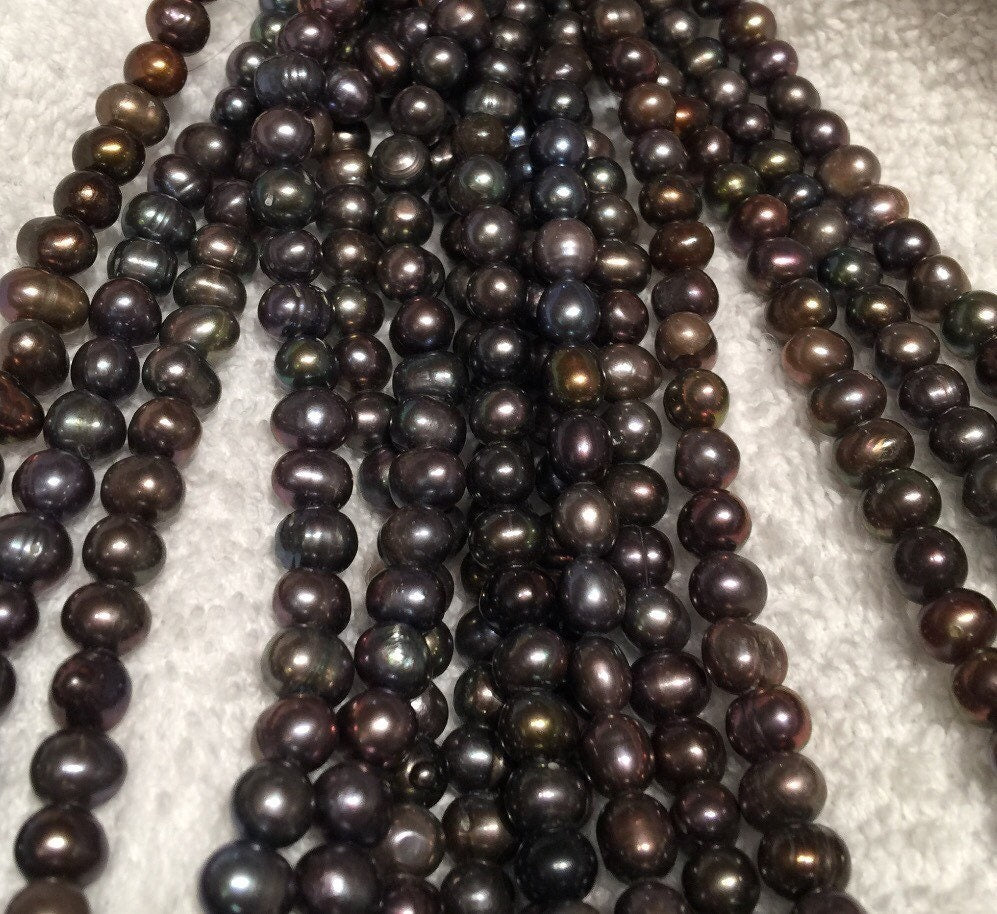 Freshwater Pearl round potato pearl A-AA Peacock black pearl---6-6.5mm Full Strand 15" 65pc   sale bargin #RS2058A