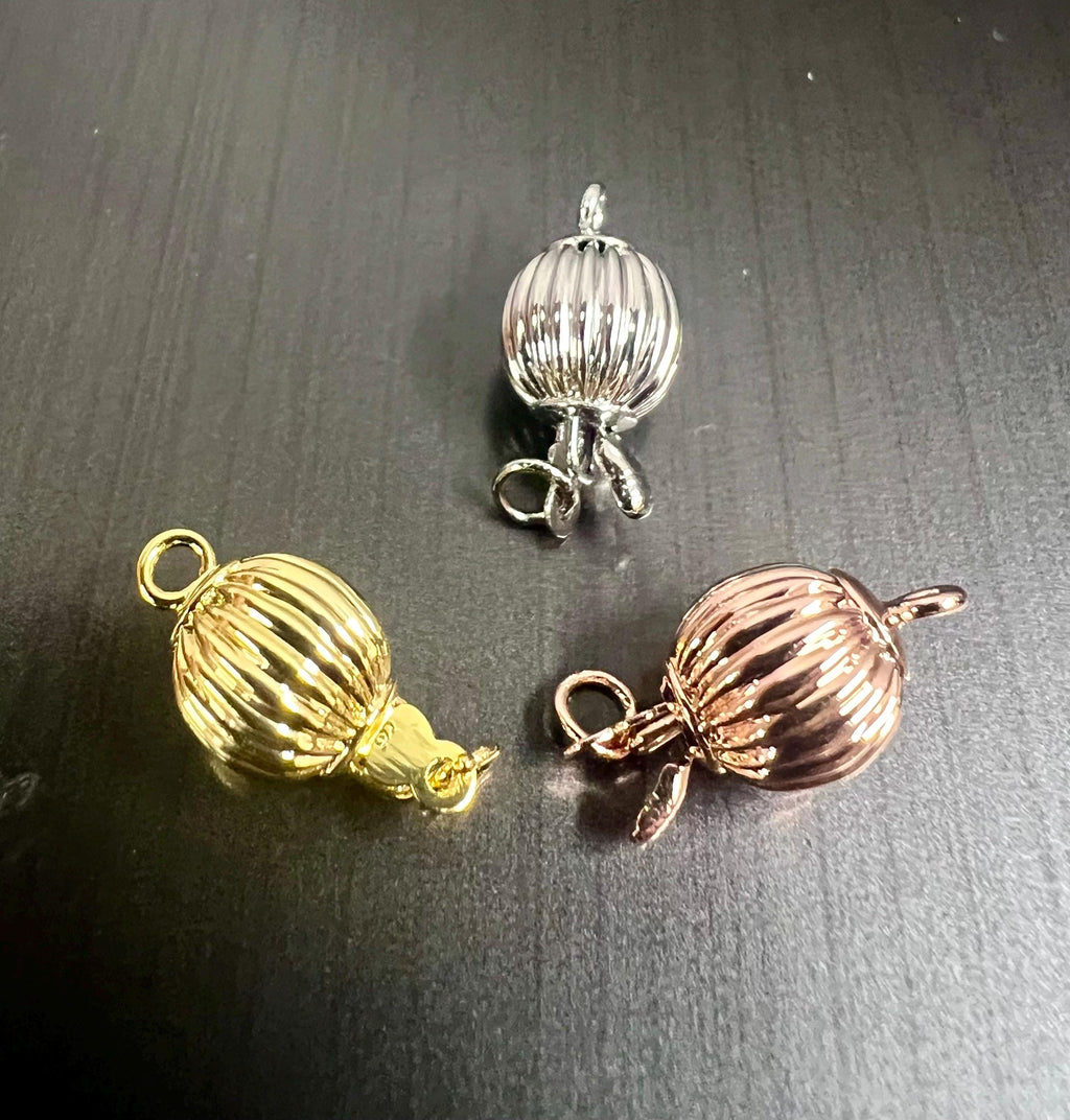 18k Gold thick plated over Copper pearl Clasp, Corrugated yellow gold classic 8mm round ball Pearl Bead Clasp Single Strand clasp  #FDC024