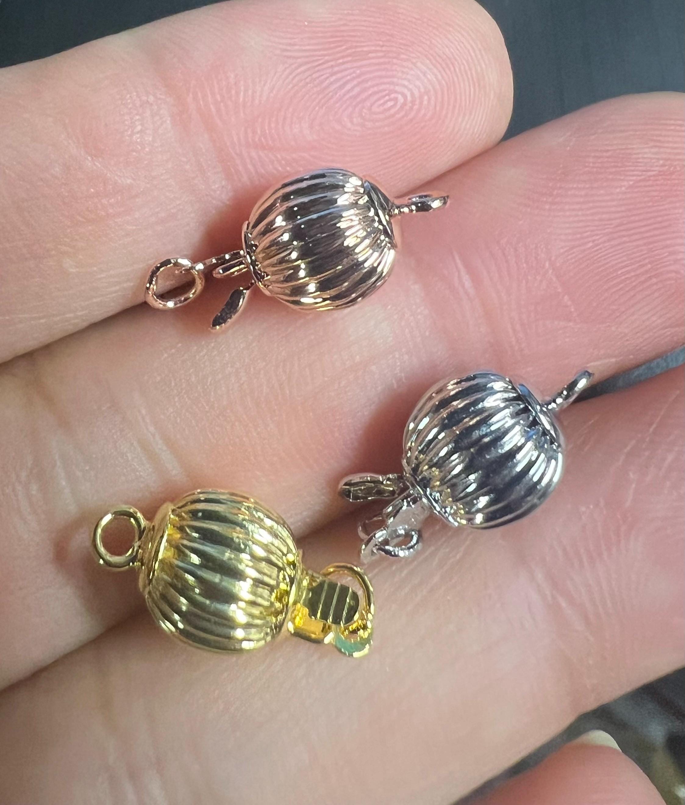 18k Gold thick plated over Copper pearl Clasp, Corrugated yellow gold classic 8mm round ball Pearl Bead Clasp Single Strand clasp  #FDC024