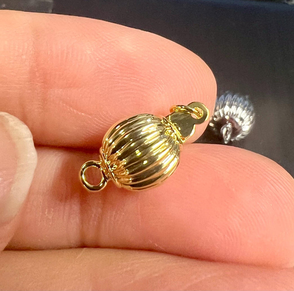 18k Gold thick plated over Copper pearl Clasp, Corrugated yellow gold classic 8mm round ball Pearl Bead Clasp Single Strand clasp  #FDC024