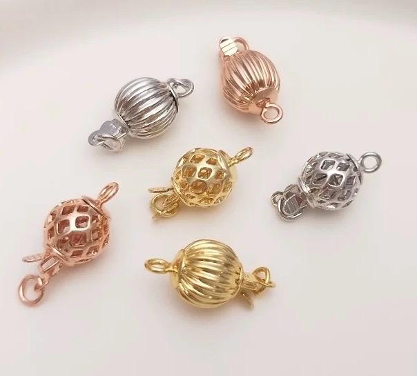 18k Gold thick plated over Copper pearl Clasp, hollow carved white gold classic 8mm round ball Pearl Bead Clasp Single Strand clasp  #FDC025