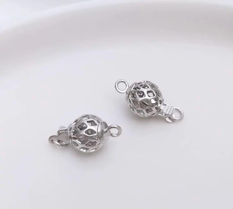 18k Gold thick plated over Copper pearl Clasp, hollow carved white gold classic 8mm round ball Pearl Bead Clasp Single Strand clasp  #FDC025