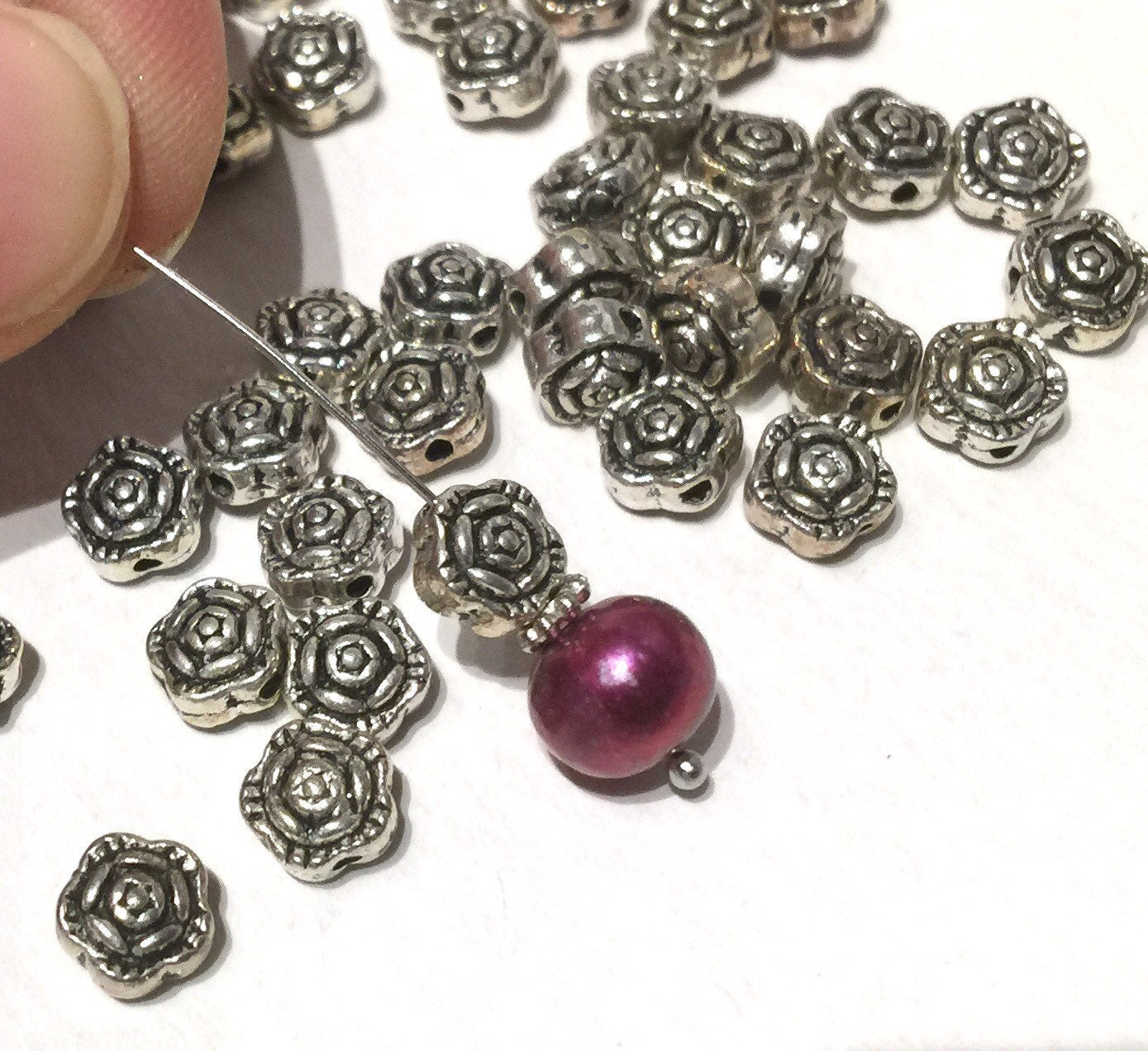 Tibetan Silver spacer Beads rose flower 7mm fine quality antique style 10pcs #FDP202