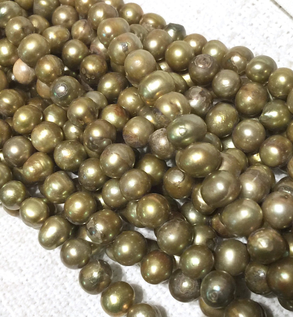 AB 8mm Freshwater Pearl round potato pearl Vintage Olive Green, loose pearl beads 15'' Full Strand clearance #RS2051B