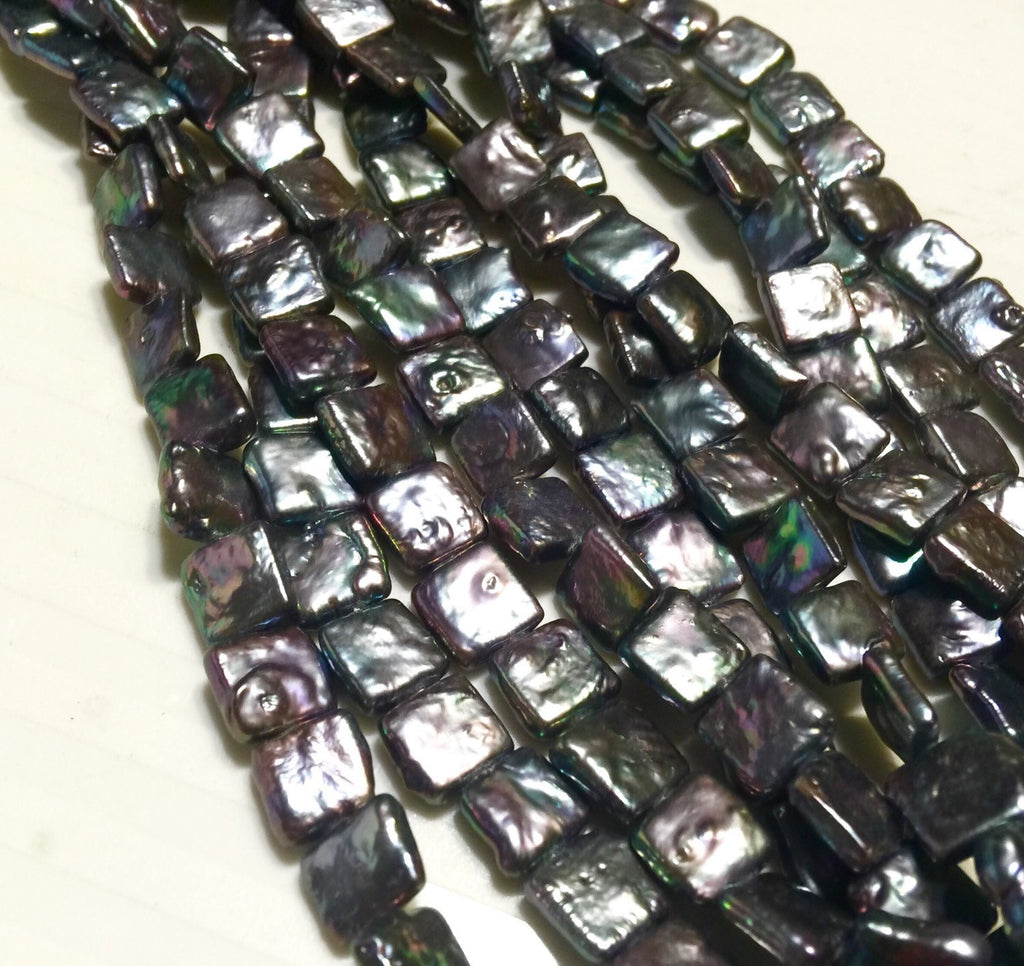 Square Pearl  Freshwater pearl Stunning Quality Peacock Blue 9.5mm Genuine cultured square Coin Pearl AA baroque strand 15" NEW #CB6205