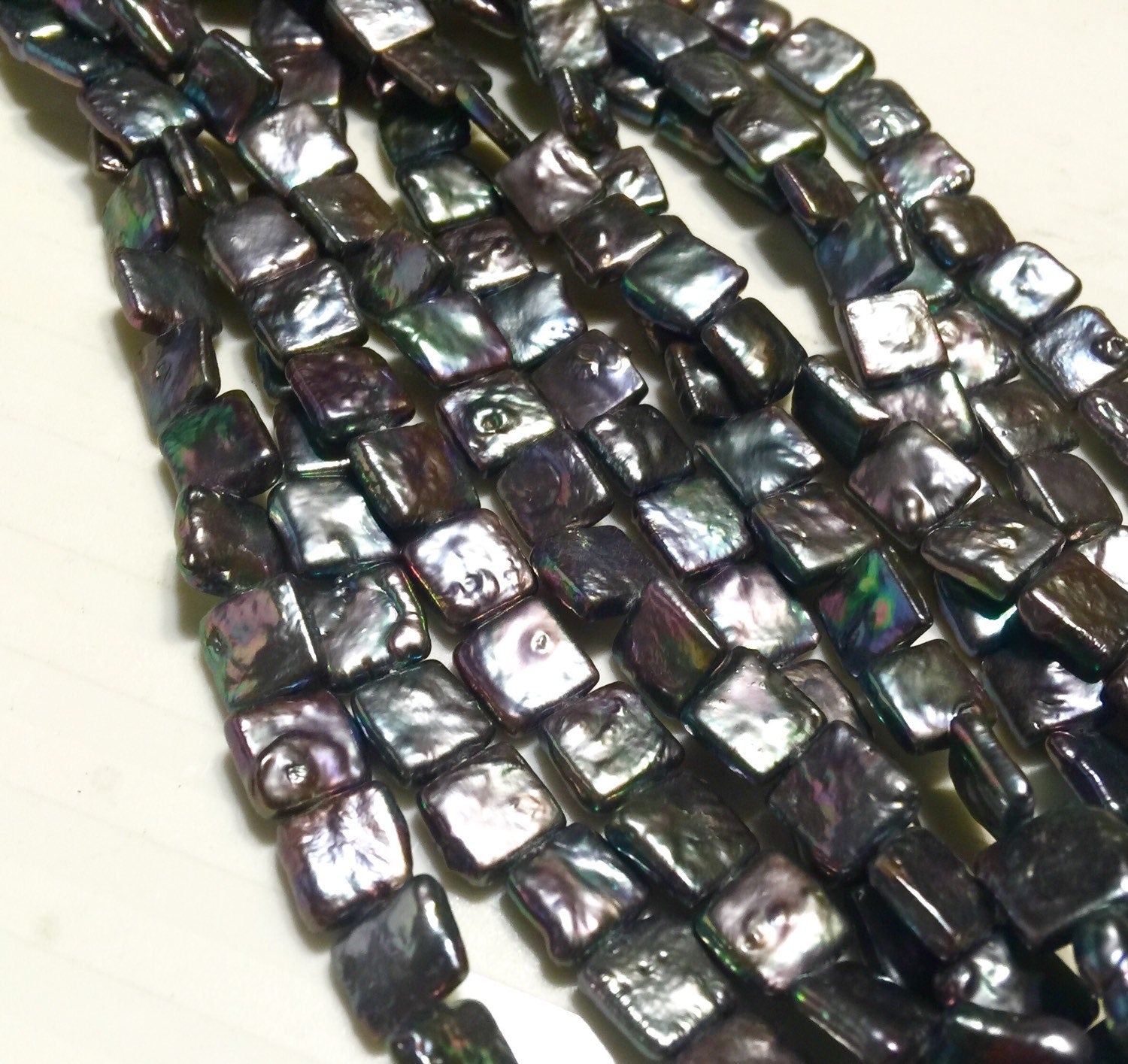 Square Pearl  Freshwater pearl Stunning Quality Peacock Blue 9.5mm Genuine cultured square Coin Pearl AA baroque strand 15" NEW #CB6205