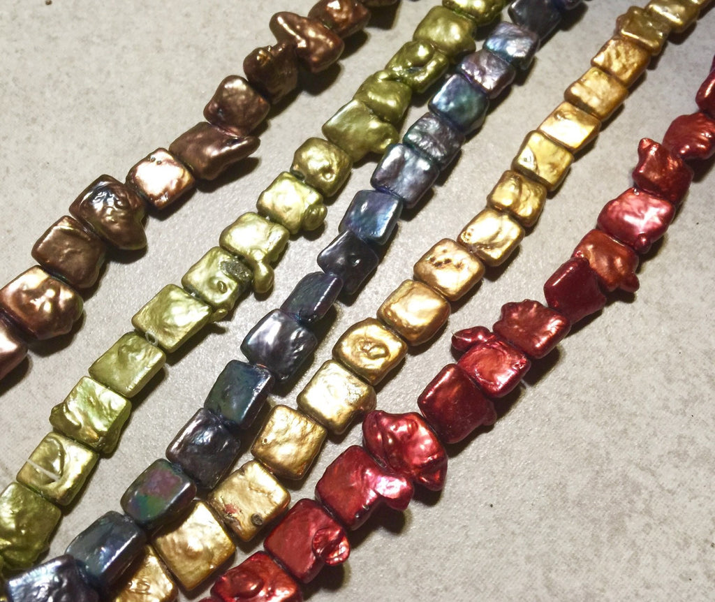 Unique Square Pearl,Freshwater pearl,Stunning Quality bright brown golden 9.5mm Genuine cultured square Coin Pearl AA strand 15" NEW #CB6204