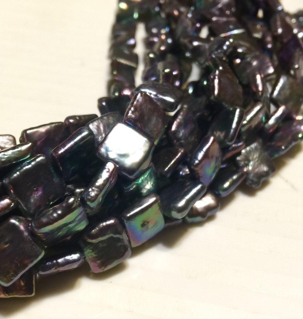 Square Pearl  Freshwater pearl Stunning Quality Peacock Blue 9.5mm Genuine cultured square Coin Pearl AA baroque strand 15" NEW #CB6205