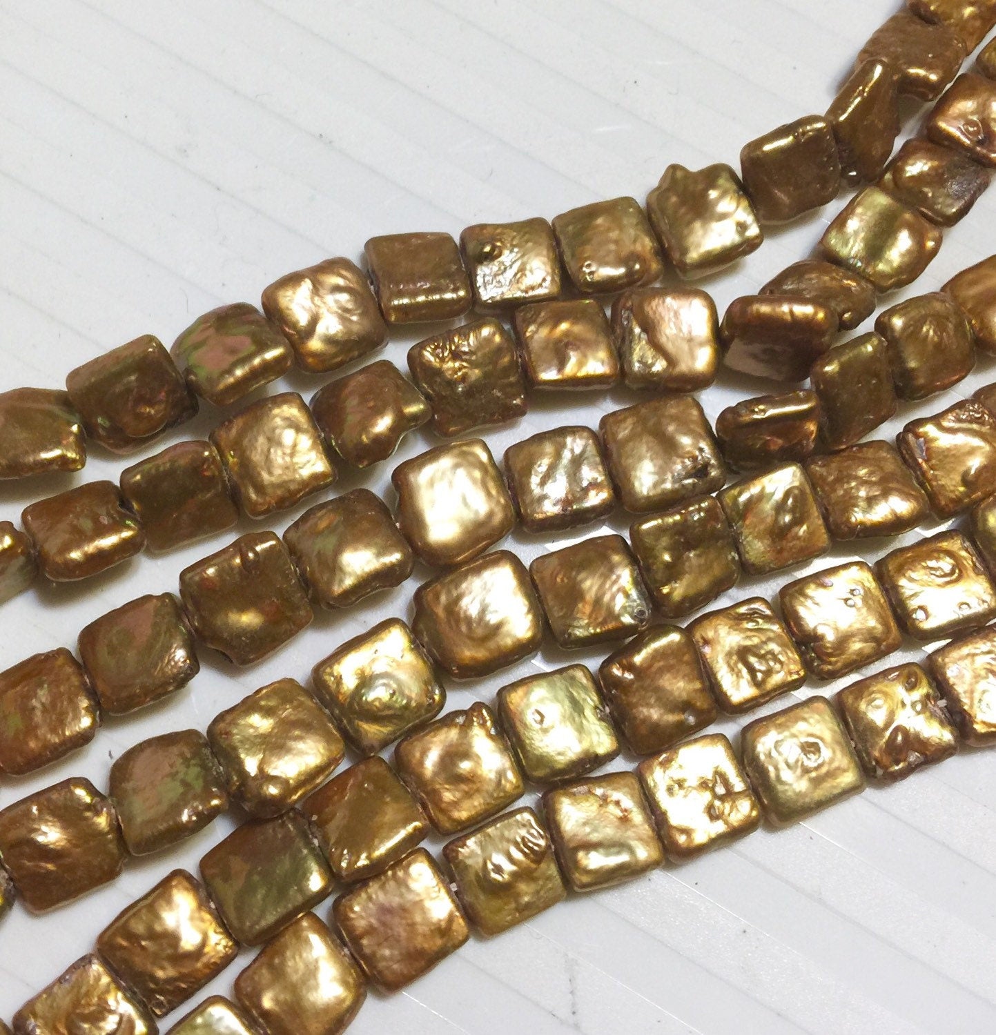 Unique Square Pearl,Freshwater pearl,Stunning Quality bright brown golden 9.5mm Genuine cultured square Coin Pearl AA strand 15" NEW #CB6204