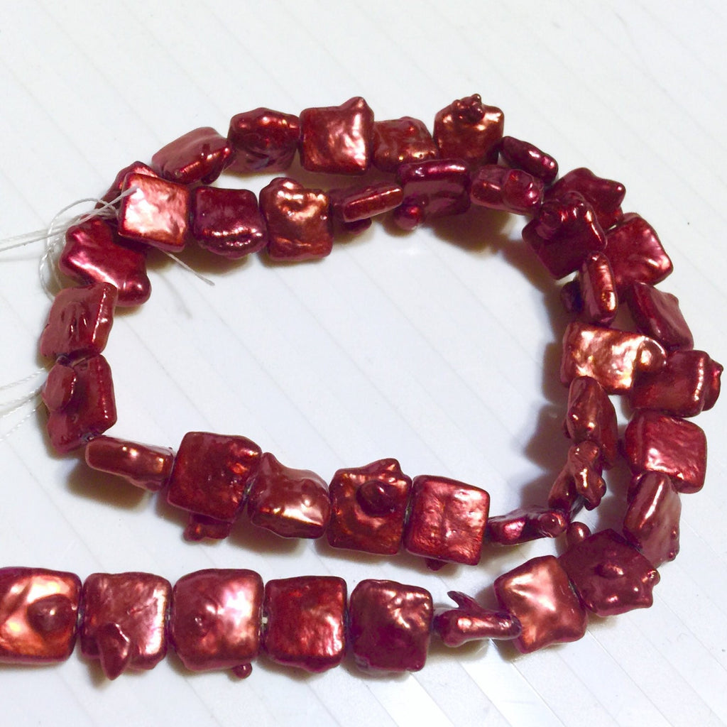 9.5mm Unique Square Pearl  Freshwater pearl Stunning Quality Fire Red Genuine cultured square Coin Pearl baroque strand 15" NEW #CB6202