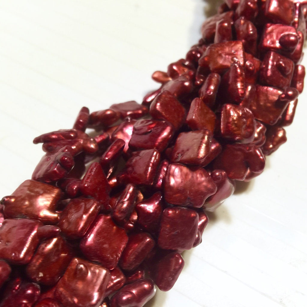 9.5mm Unique Square Pearl  Freshwater pearl Stunning Quality Fire Red Genuine cultured square Coin Pearl baroque strand 15" NEW #CB6202