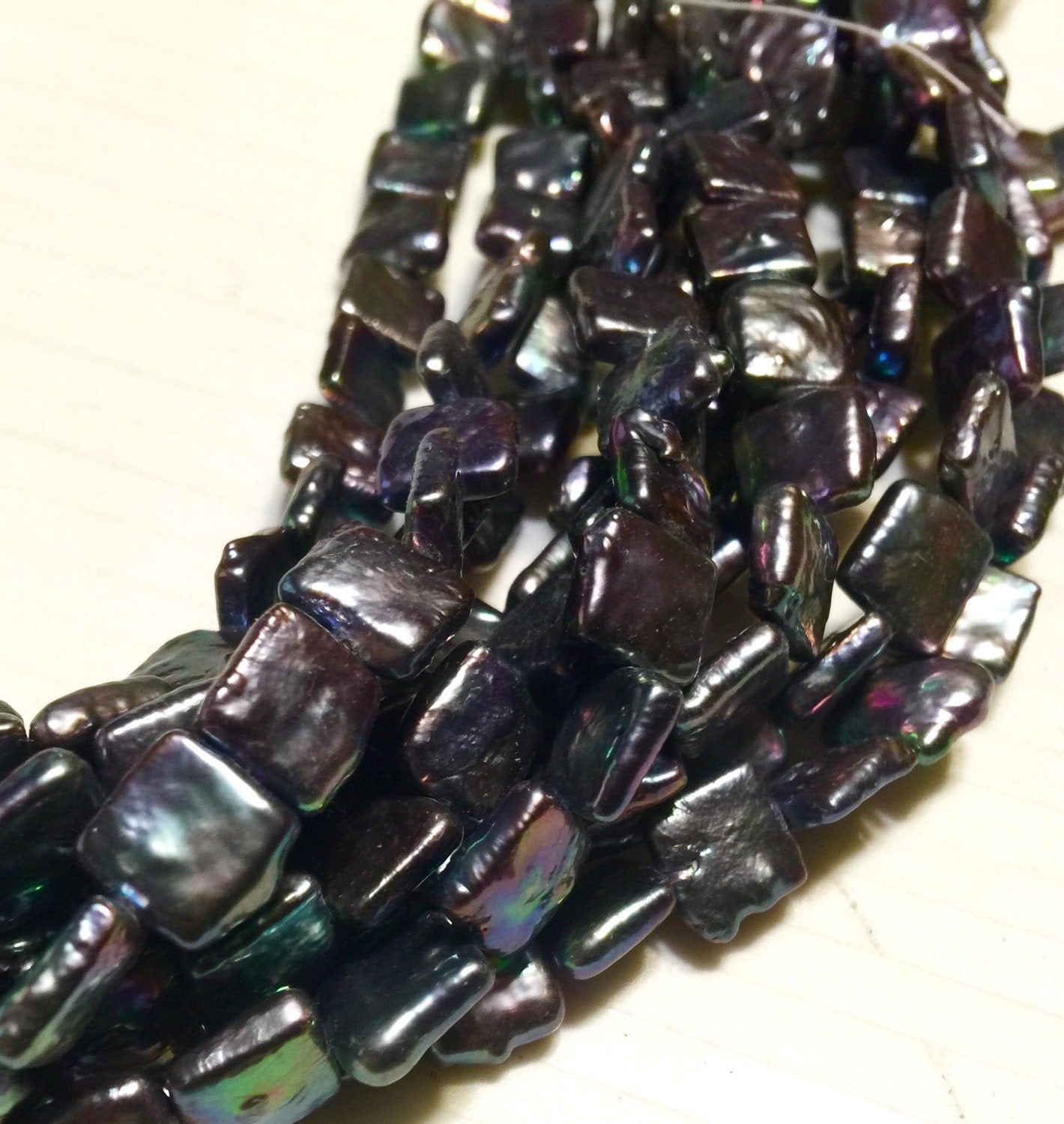 Square Pearl  Freshwater pearl Stunning Quality Peacock Blue 9.5mm Genuine cultured square Coin Pearl AA baroque strand 15" NEW #CB6205