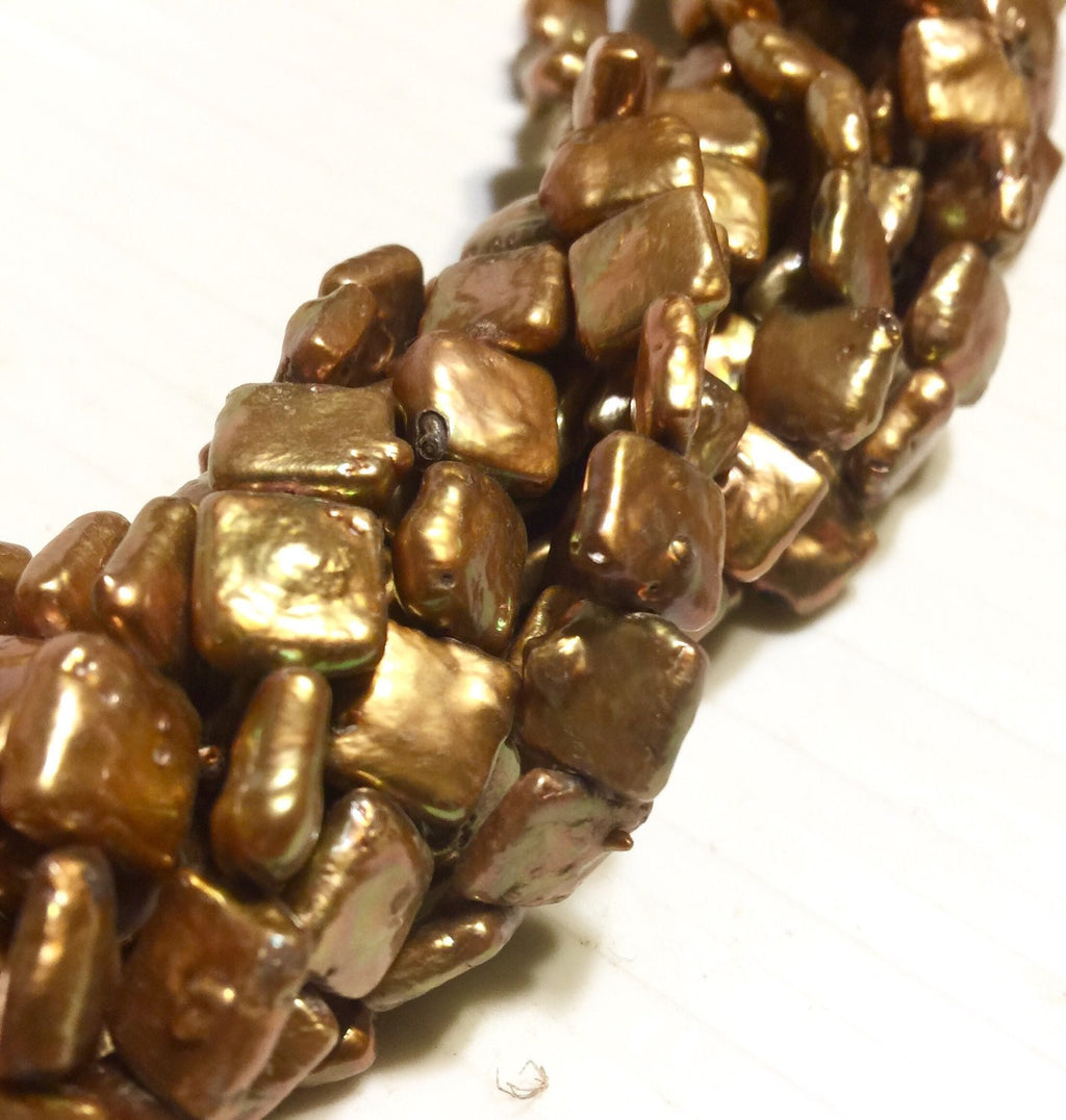 Unique Square Pearl,Freshwater pearl,Stunning Quality bright brown golden 9.5mm Genuine cultured square Coin Pearl AA strand 15" NEW #CB6204
