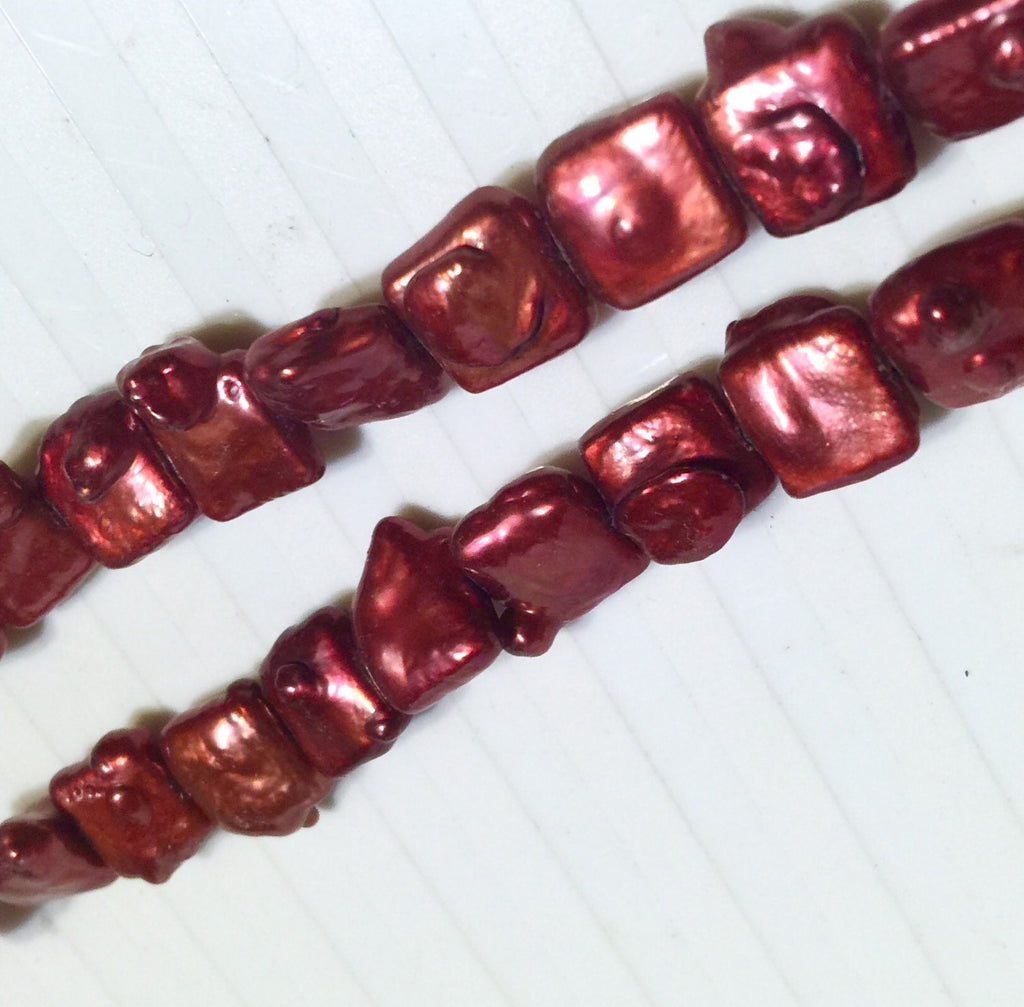 9.5mm Unique Square Pearl  Freshwater pearl Stunning Quality Fire Red Genuine cultured square Coin Pearl baroque strand 15" NEW #CB6202