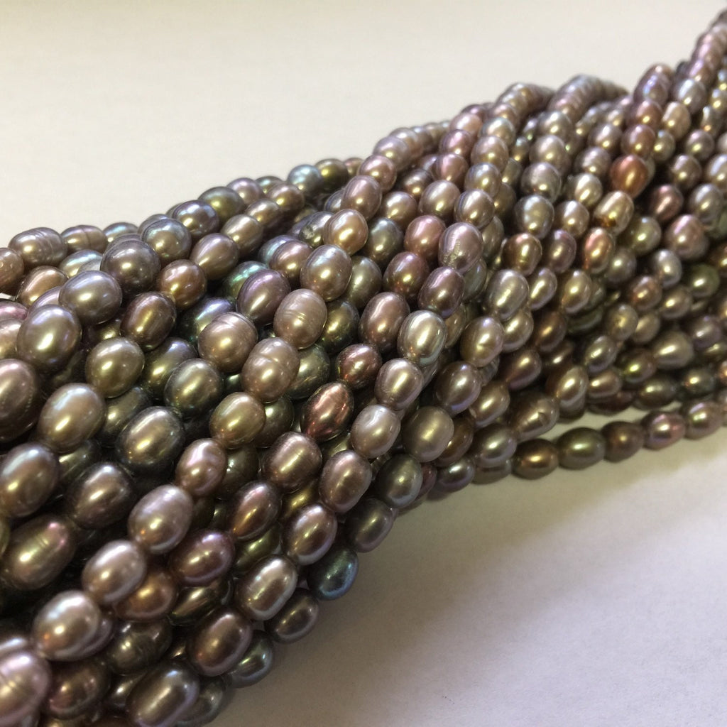 Rice Pearl, Oval Pearl, Freshwater Pearl,  peacock grey pearl 6mm X 8mm 15 inches full strand 55pc #DR3202