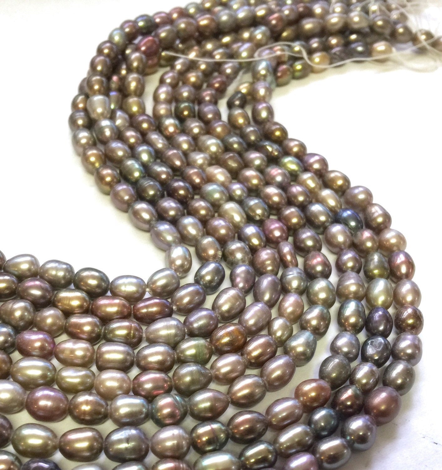 Rice Pearl, Oval Pearl, Freshwater Pearl,  peacock grey pearl 6mm X 8mm 15 inches full strand 55pc #DR3202