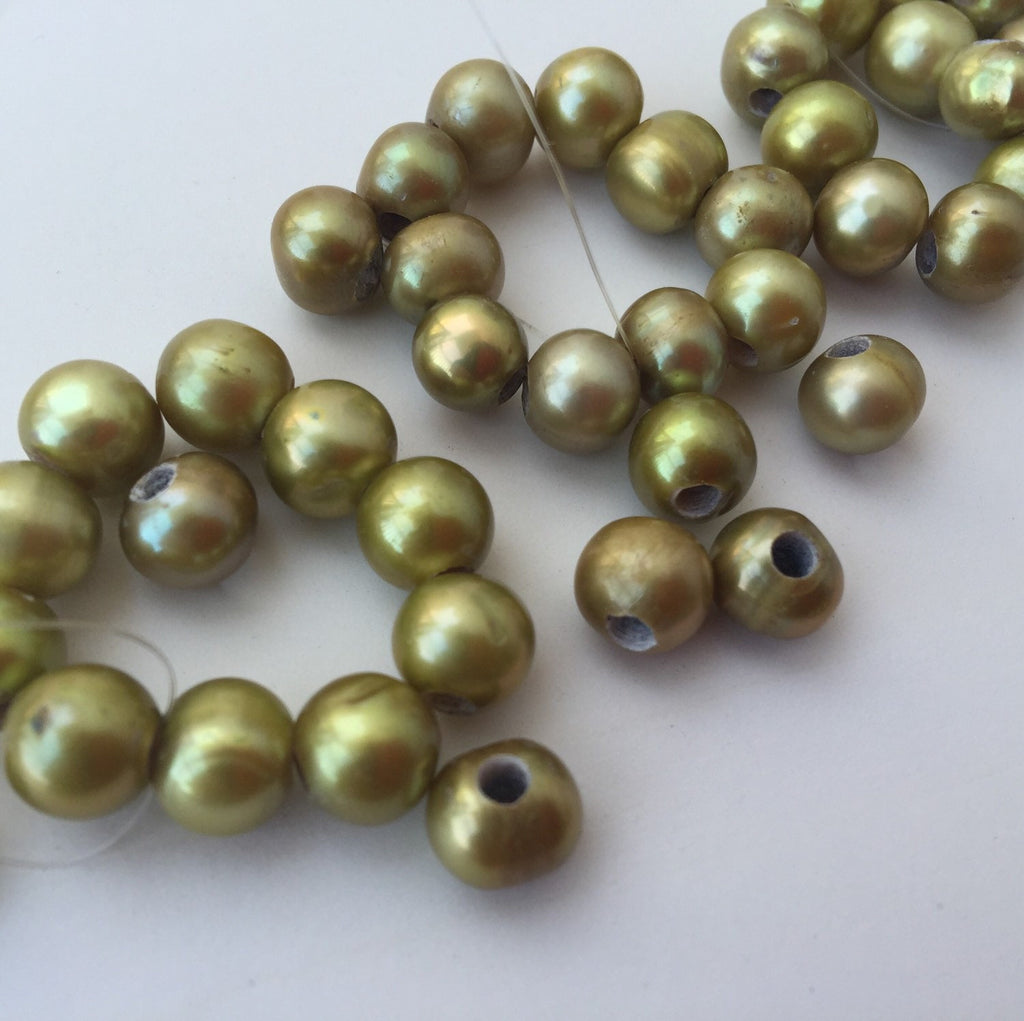 AA 7-8mm Large Hole Pearl Round Freshwater Pearl, vintage mint green pearl 2.5mm hole Pearl beads --10 pc high quality   #LH80073