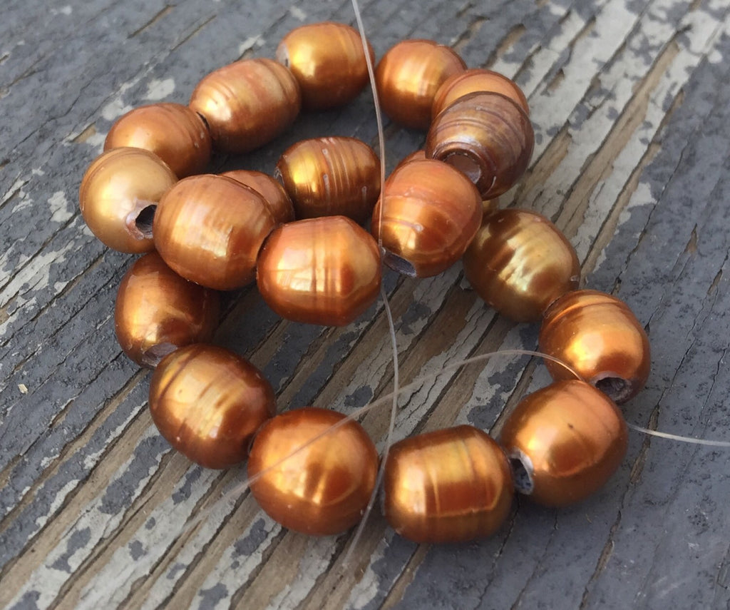 Large Hole Pearl Freshwater Pearls Baroque Rice Pearl Nugget pearl 8-9mm X 9-10mm bright bronze brown with 2.5mm hole 10 Pc #LH8054