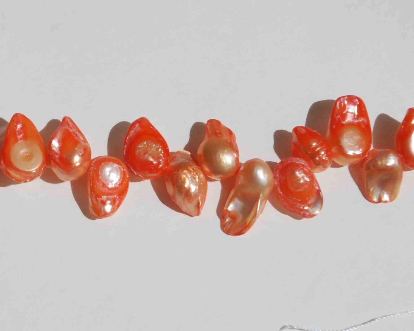 Teeth Biwa Dancing Baroque Pearl, genuine Freshwater Pearl orange color ON SALE 15'' full strand 40pc loose pearl beads, Wholesale promotion
