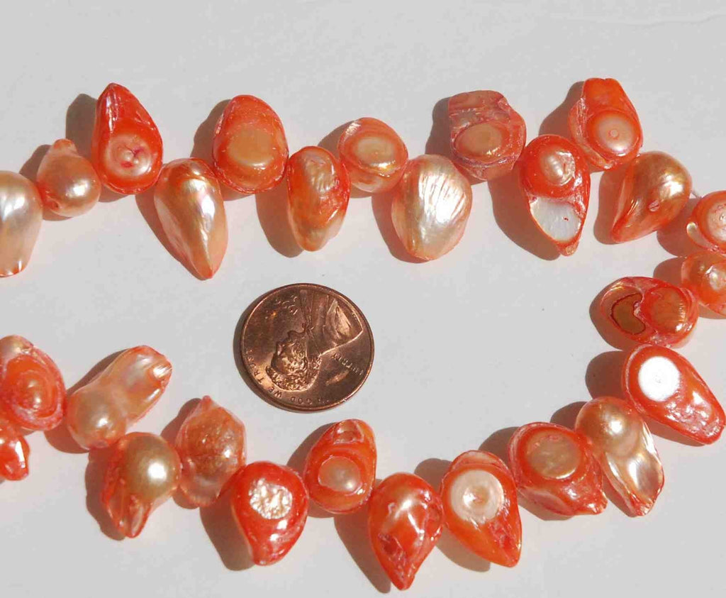 Teeth Biwa Dancing Baroque Pearl, genuine Freshwater Pearl orange color ON SALE 15'' full strand 40pc loose pearl beads, Wholesale promotion