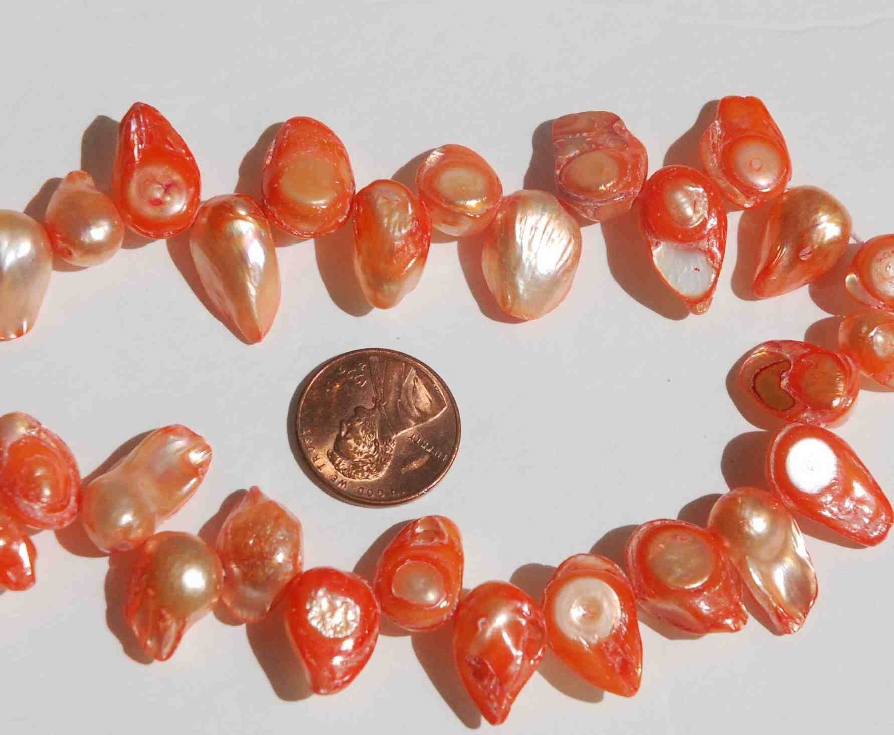 Teeth Biwa Dancing Baroque Pearl, genuine Freshwater Pearl orange color ON SALE 15'' full strand 40pc loose pearl beads, Wholesale promotion